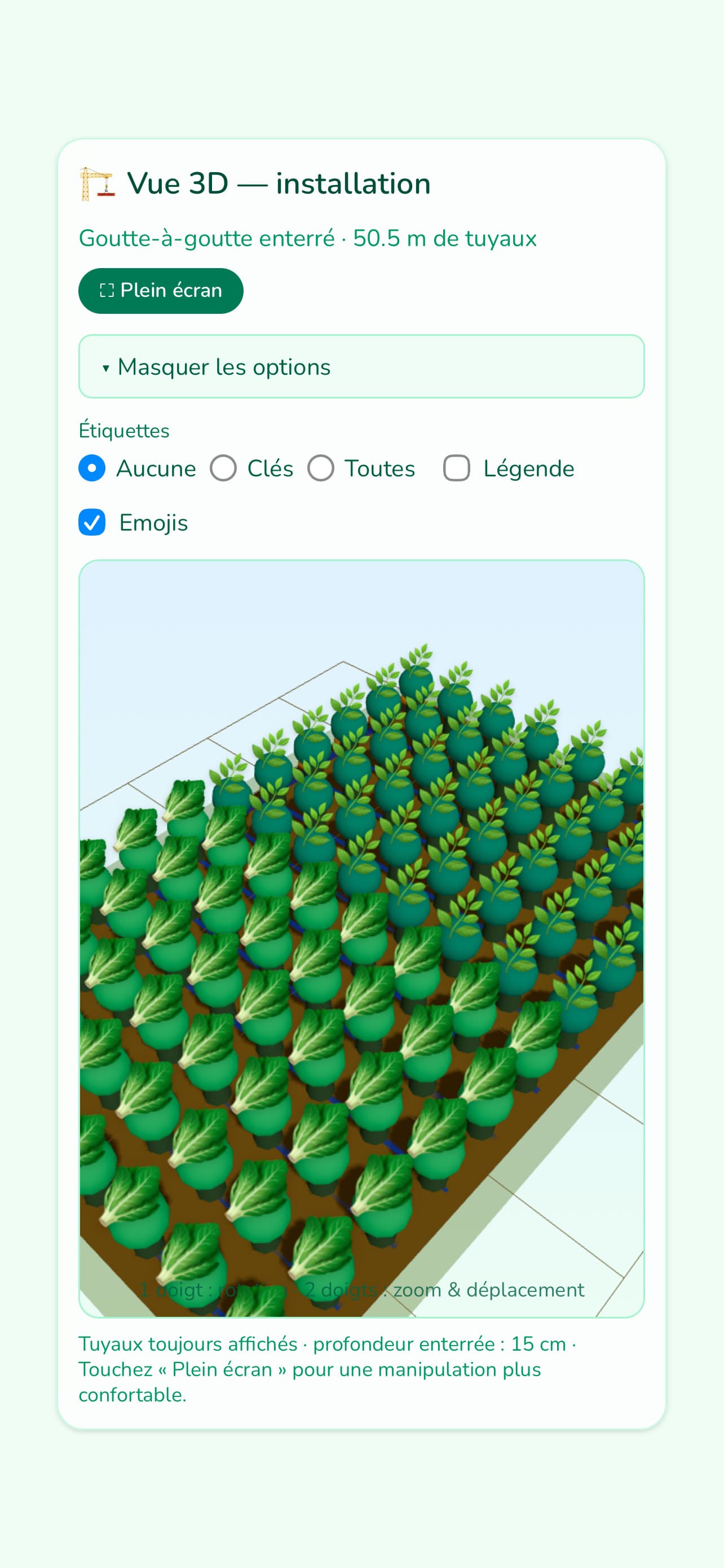 Vue 3D de l'installation d'irrigation enterrée